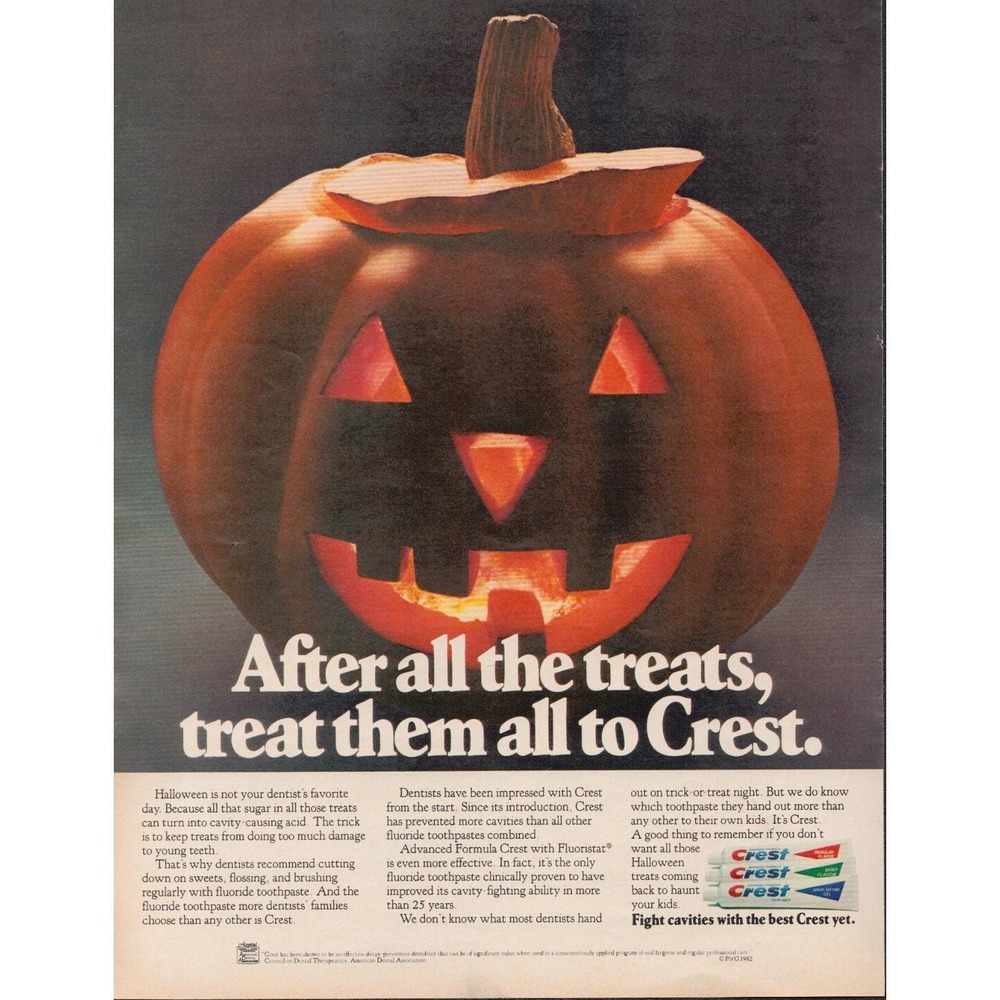 Crest Toothpaste Halloween Jack‎ O Lantern Dentists Recommend Print Ad 1983